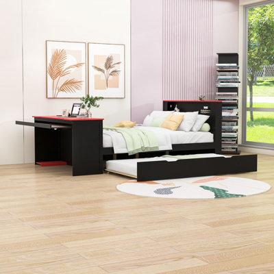Wooden Platform Bed with LED Headboard and Workspace and Trundle