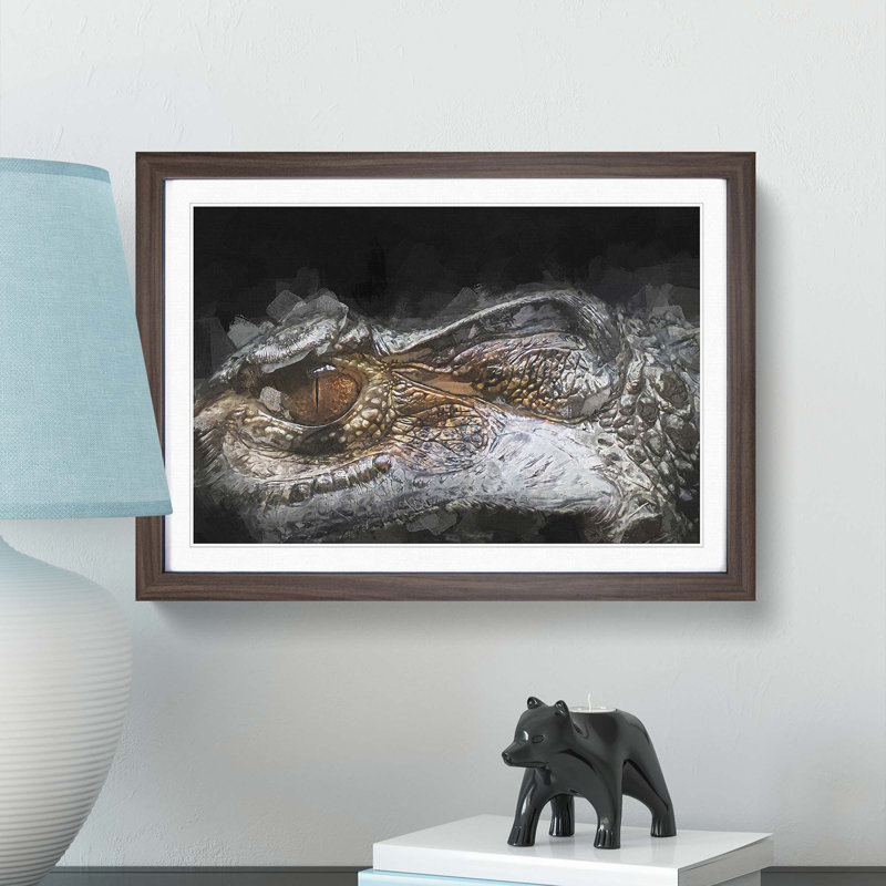 Alligator Watchful Eye in Abstract - Picture Frame Graphic Art Print, 27cm H x 36cm W x 2cm D, Walnut Framed