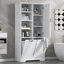 Armoire de rangement pour salle de bain avec portes et tiroirs, panier à linge inclinable, plusieurs espaces de rangement, style autoportant, tablette ouverte, tablette réglable, blanc-463132516