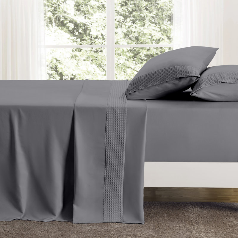 Rayon from Bamboo 4 Piece 1800 Thread Count Waffle Hem Sheet Set, Grand lit, Grey