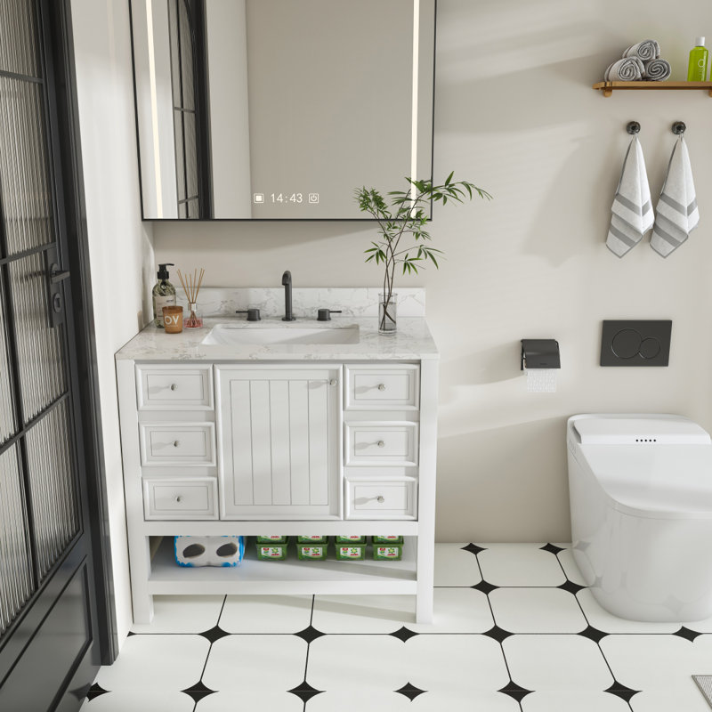 Modern 37"Bathroom Vanity With Artificial Marble Carrara White Top Set , Multi-Functional Bathroom Cabinet With Doors And Drawer, Solid Frame And Mdfboard (Three Faucet Hole)