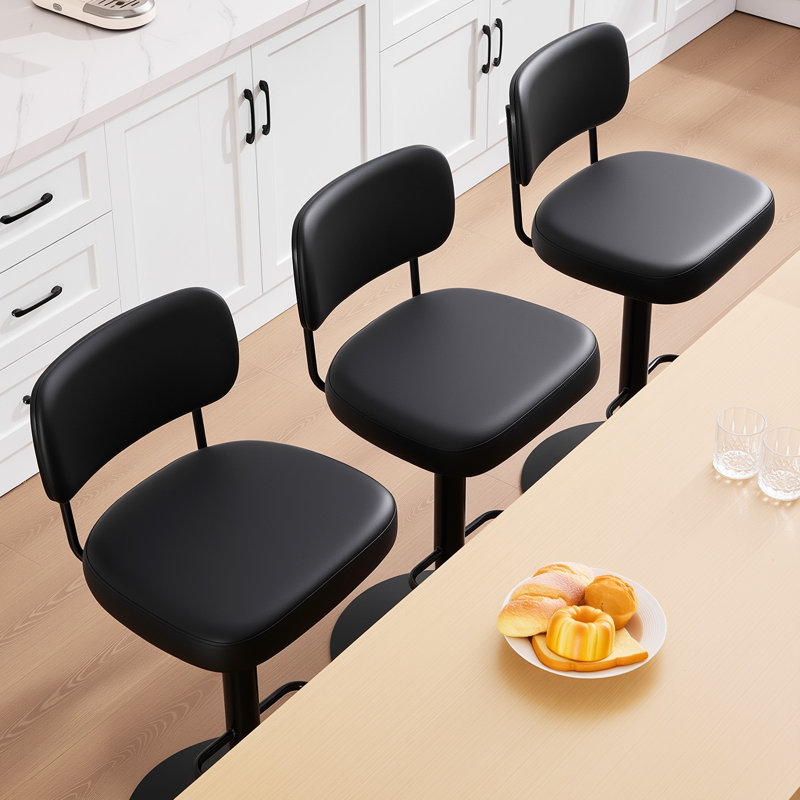 Adjustable Height 360° Swivel Bar Stools With Upholstered Backrest, Black