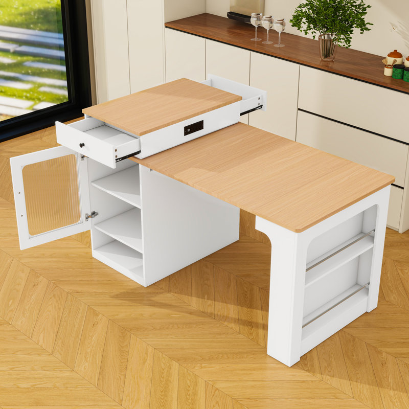 Îlot de cuisine avec table de salle à manger extensible, rangement double-face, prise de courant et tablettes réglables