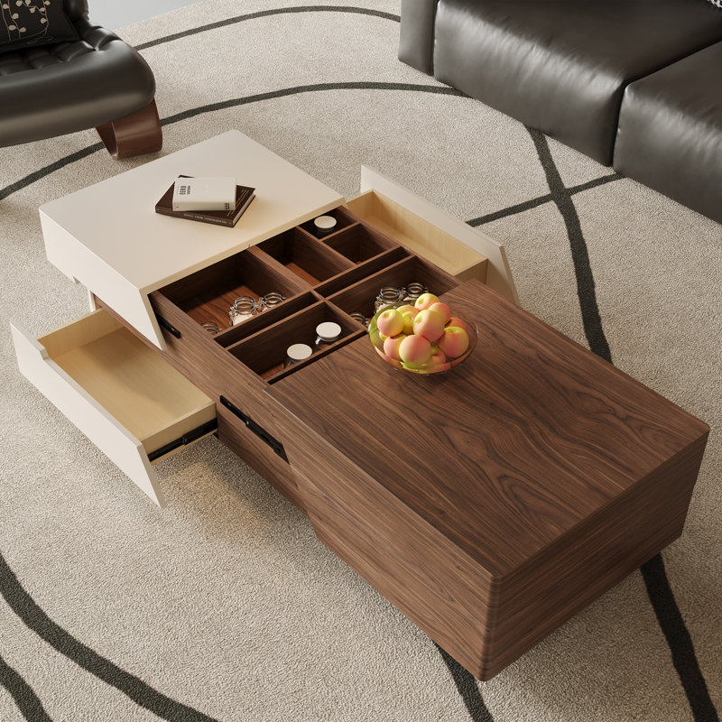 Table basse moderne extensible à 2 tons avec rangement caché, finition noyer et crème