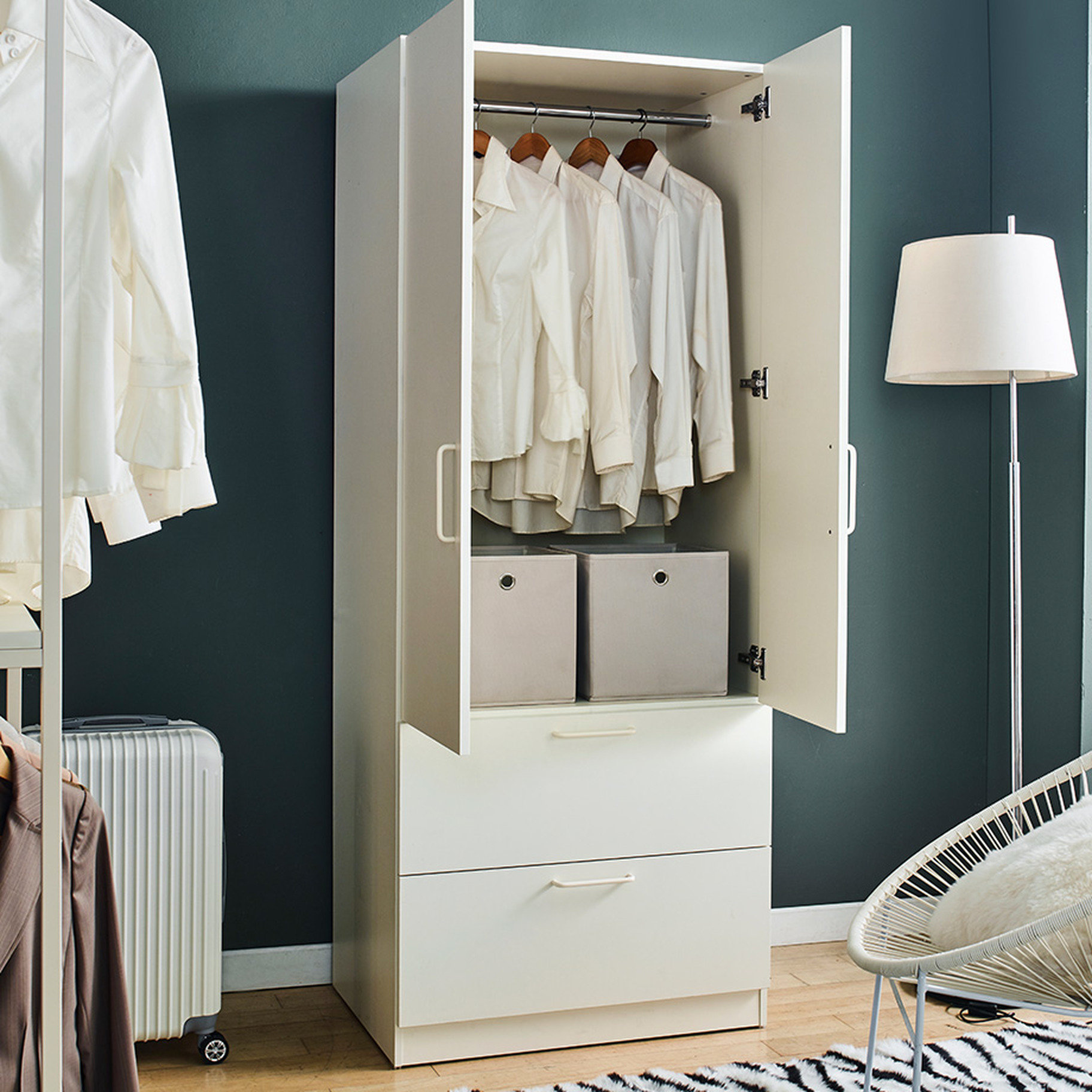 Latitude Run® White Solid Wood Cabinet With Drawers And Hanging Bars ...