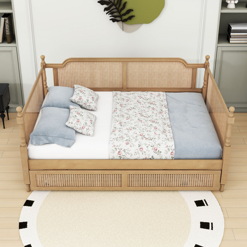 Wood Daybed with Trundle and Rattan Frame, Full/Double, Antique Walnut