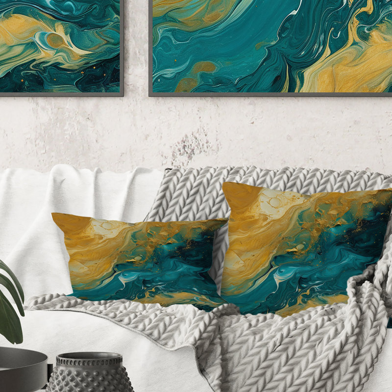Coussin décoratif imprimé de peinture abstraite Golden Sunshine In Deep Blue Ocean