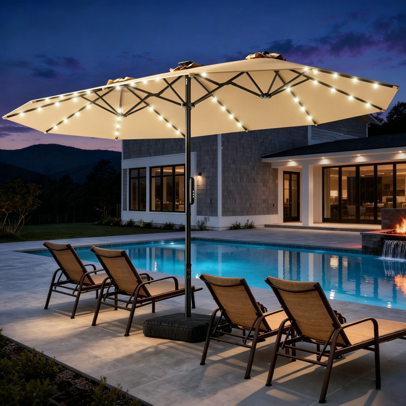 Grand parasol électrique motorisé 180 po x 108 po avec base et lumières solaires pour l'extérieur, double face rectangulaire avec télécommande, ouverture automatique à 30 ° pour la table de billard, marché, beige