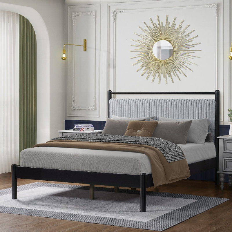 Structure de lit double en bois - aucun sommier requis, support solide, cadre gris et noir