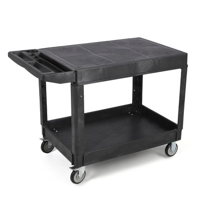 Heavy Duty Plastic Utility Service Cart, 2-Tier Flat Top, 45.8" x 25", 550 lb Capacity, 360° Swivel Wheels (2 with Brakes), Black