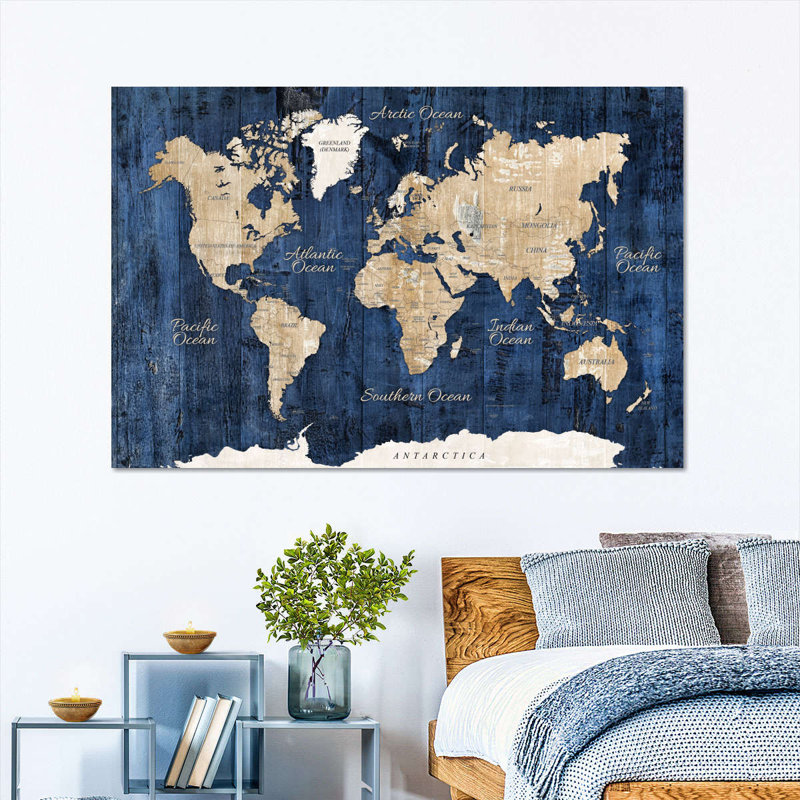 Carte du monde en bois texturé sur toile, H 16 po x l 24 po x P 0,1 po, Toile tendue, No Frame