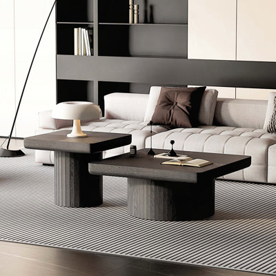 2-Piece Wood Nesting Coffee Table Set with Cylindrical & Fluted Pedestal – Black