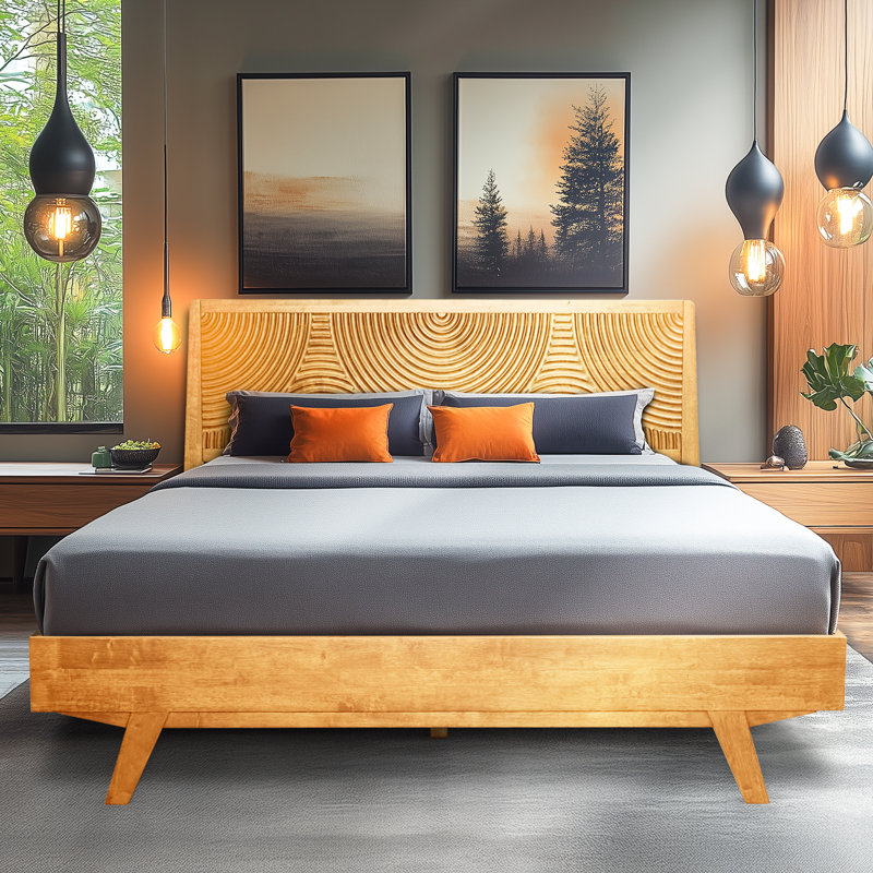 Structure de lit plateforme en bois massif avec tête de lit - Style moderne Mid-Century, grain de bois sculpté, assemblage facile avec outil intelligent, aucun sommier tapissier requis