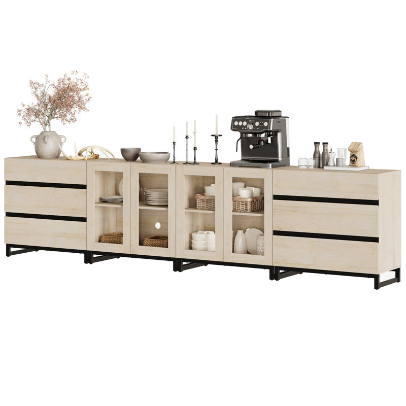 Commode 4 en 1 moderne avec portes en verre et 6 tiroirs, armoire de rangement avec tablettes réglables, commode pour chambre à coucher