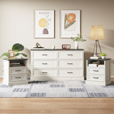 Ensemble de chambre à coucher 3 pièces, commode 6 tiroirs et tables de chevet 2 tiroirs