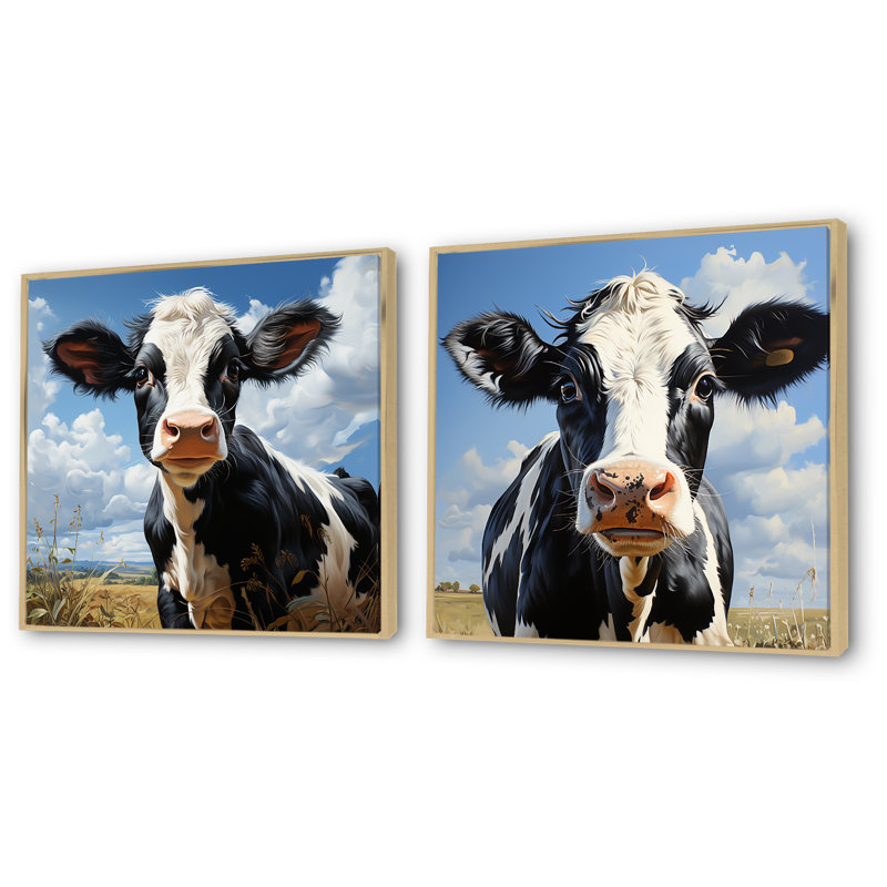 «Black and White Cow Grazing The Meadows I», ensemble de 2 impressions sur toile, Cadre flottant brun