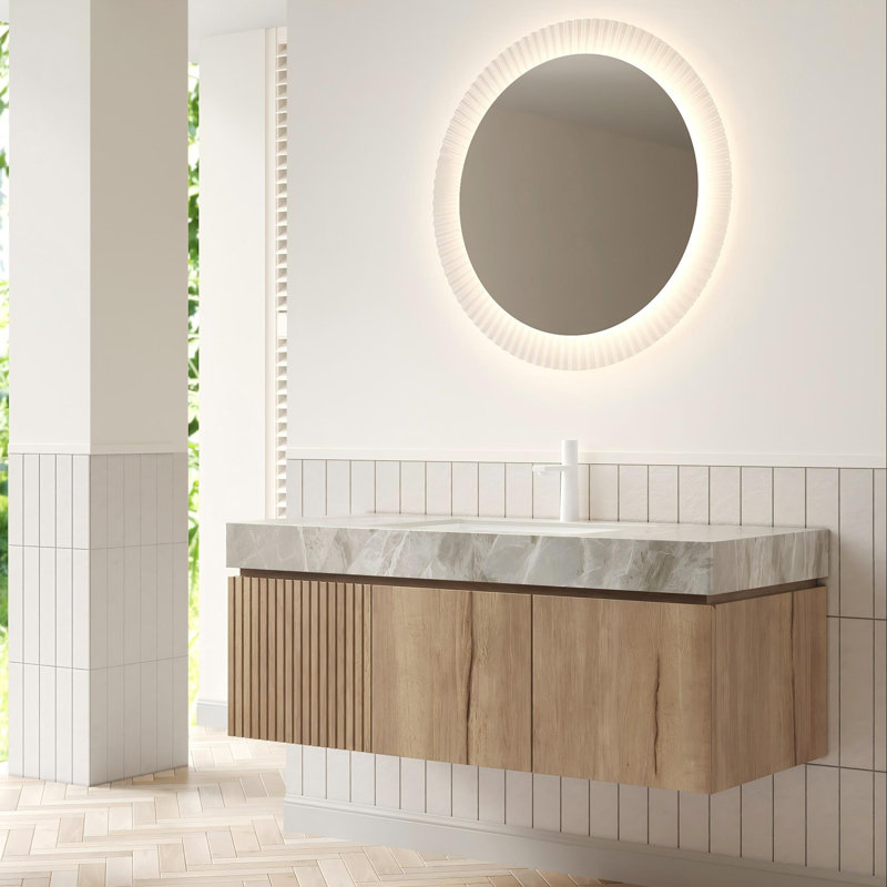 48" Modern Italian-Style Wall Mounted Oak Texture Bathroom Vanity  With Sintered Stone Countertop-Pre-assembled, White Oak