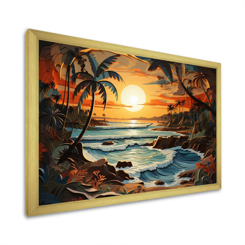 Coastal Collage At Sunset I - Décoration murale moderne, Encadrement doré, H 16 po x l 32 po x P 1 po