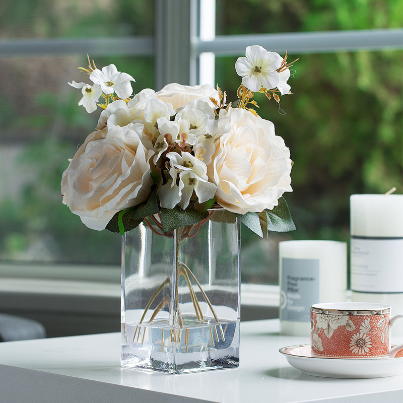 Faux Silk Roses Arrangement in Vase, Beige