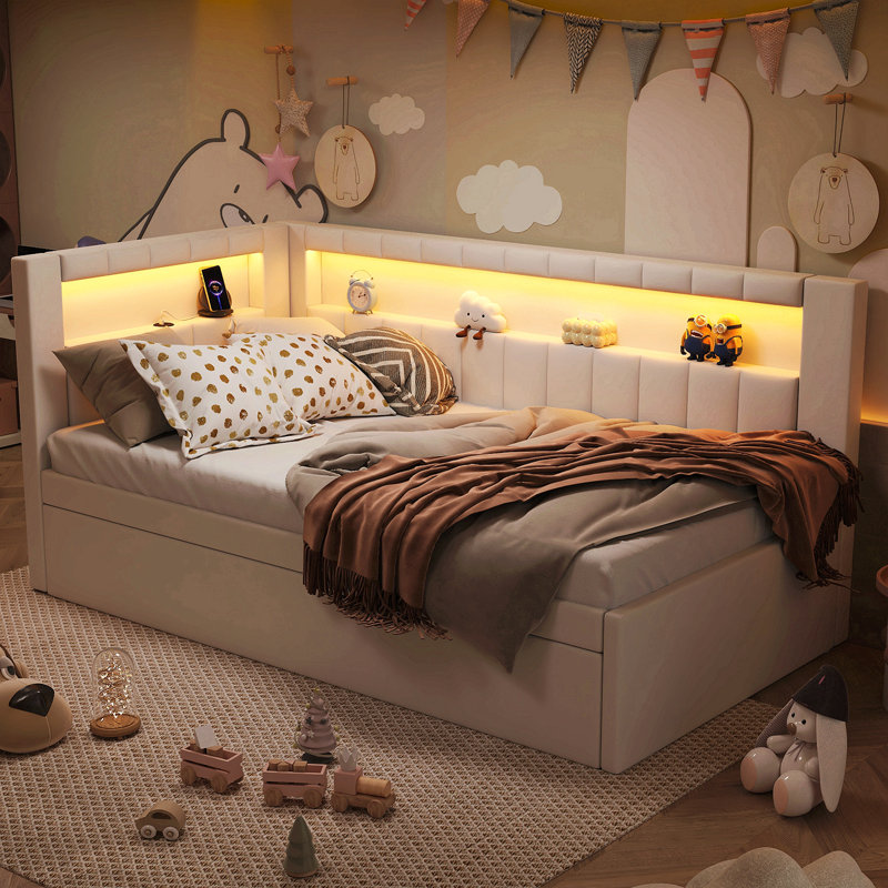 Upholstered Twin Size Platform Bed With USB Ports And LED Belt, With Trundle, White, Twin, White