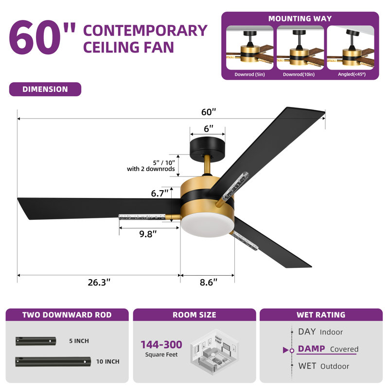 Ventilateur de plafond 3 pales Mercer41, Noir / or avec pales noires / noyer