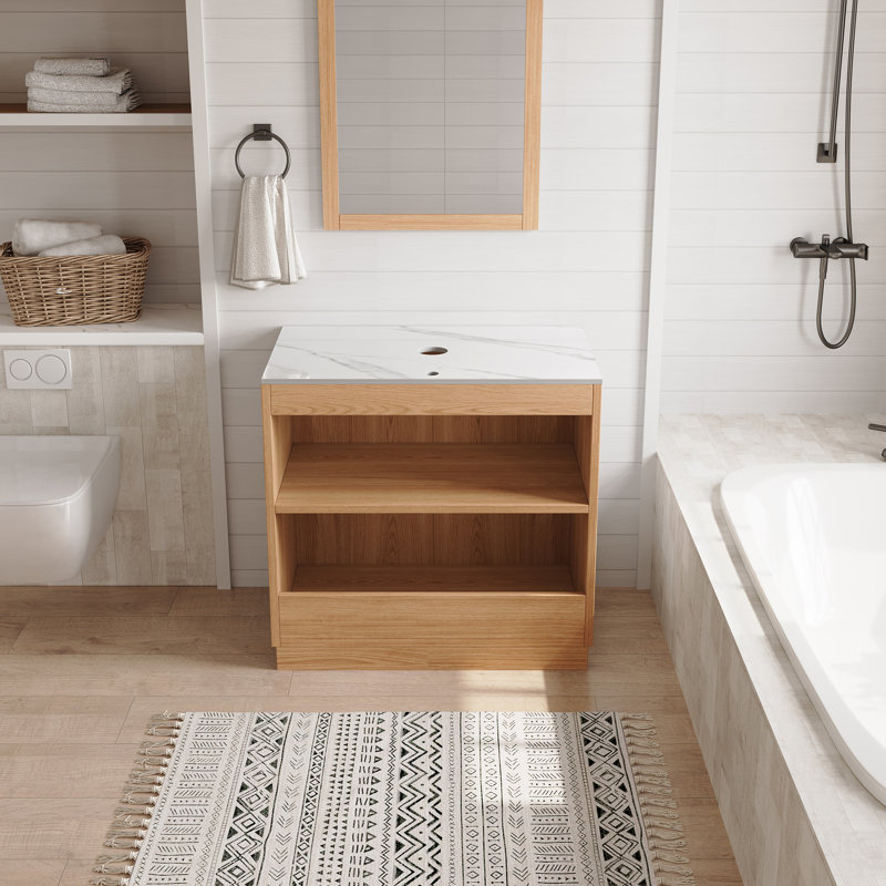 Meuble-lavabo simple 30 po avec comptoir en pierre et lavabo, Bois naturel, 30", White