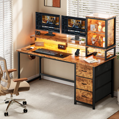 Computer Desk with 3 Fabric Drawers & 2-Tier Table Cabinet, Gaming Desk with LED Light Strip, Power Outlets & Headphone Hook