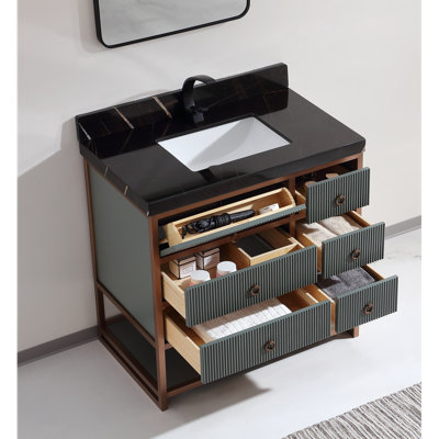 36" Vanity With Golden Brush Stainless Steel Frame And Pewter Green Finish With 2" Thick Top