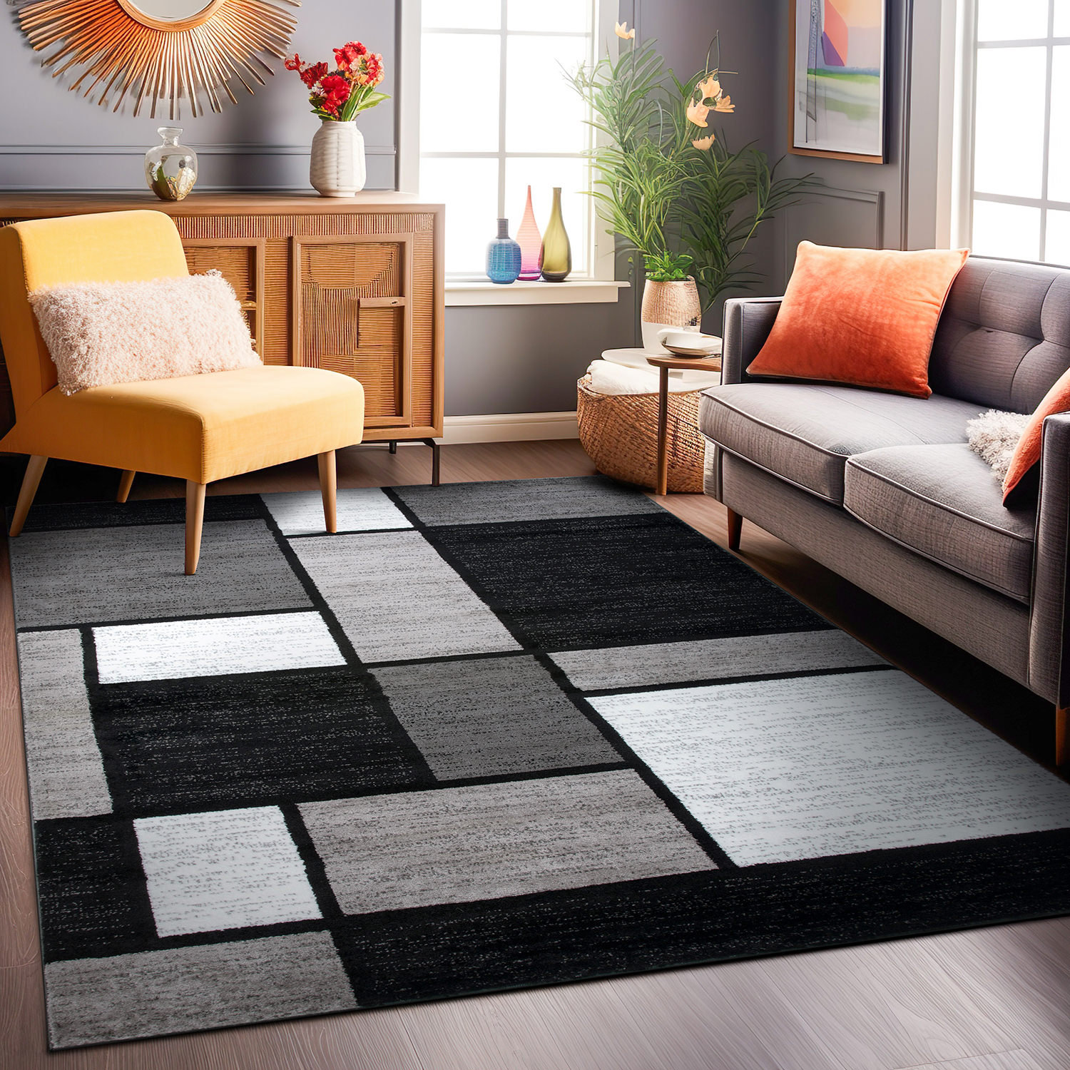 Wrought Studio Tapis g om trique gris blanc noir Astika et