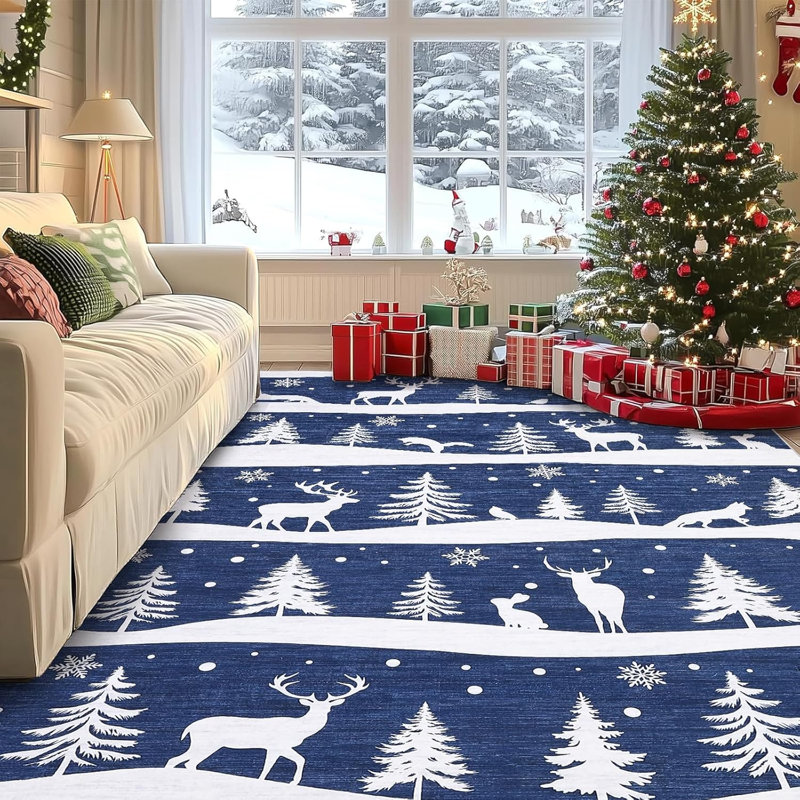 8x10 Christmas Area Rug with Tree Reindeer Snowflake, Washable Non Slip Rug, Blue, Rectangle 8' x 10', Blue