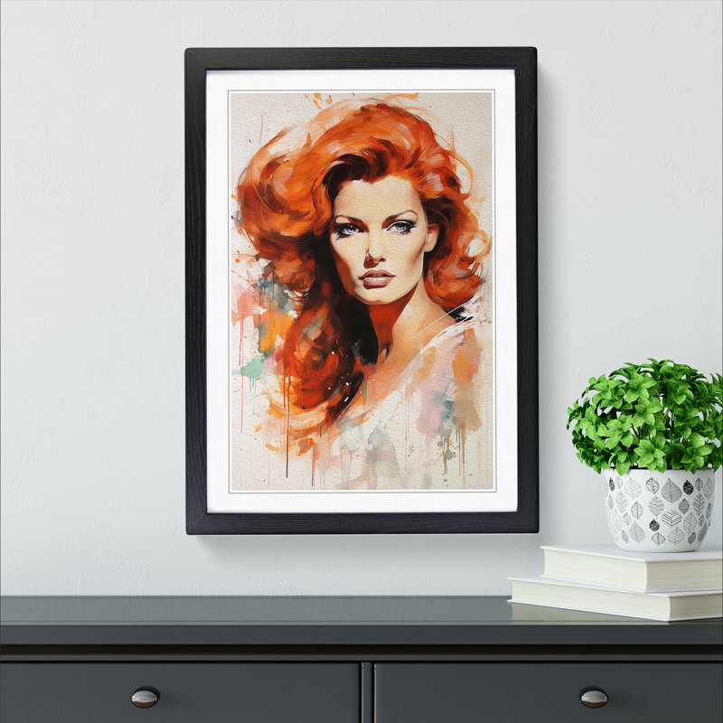 Red Headed Woman Gestural No.2 - Single Picture Frame Print on Wood, 46cm H x 34cm W x 2cm D, Black Framed