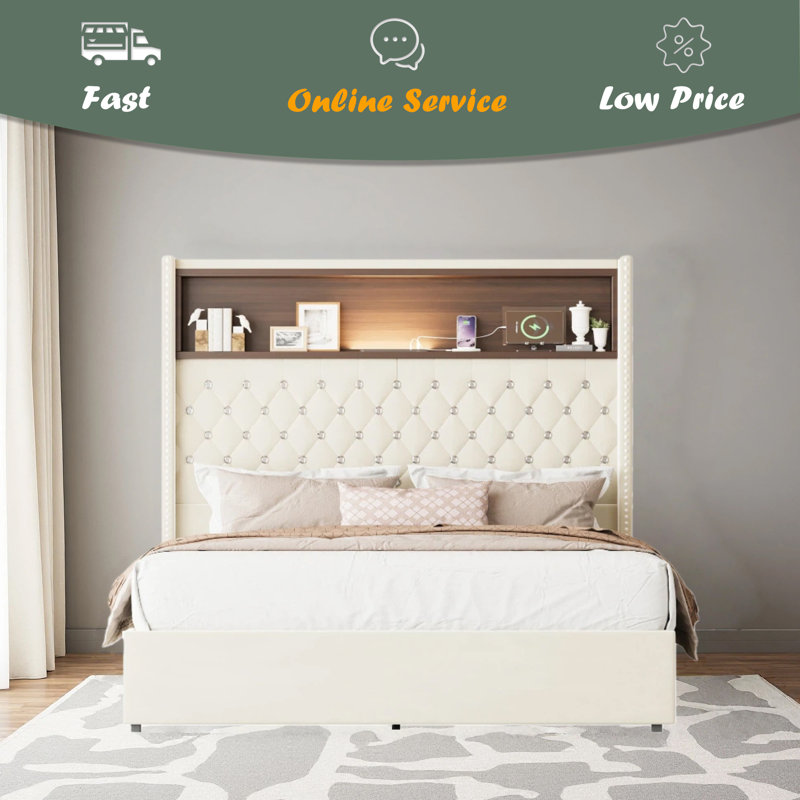Cadre de lit doux en velours capitonné avec port USB et veilleuse, tête de lit haute 52 po avec rivets, lit plateforme à oreilles avec tablette de tête de lit