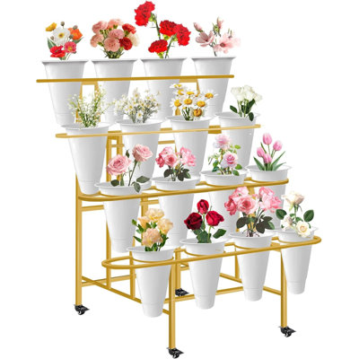 Présentoir à fleurs à 4 niveaux en métal avec 16 paniers amovibles, roues verrouillables pour faciliter la mobilité, support à plantes robuste pour une utilisation intérieure et extérieure
