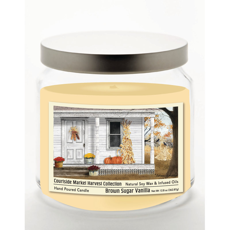Bougie en pot de verre de 400 ml (14 oz) avec couvercle en métal argenté brossé, motif de porche d'automne