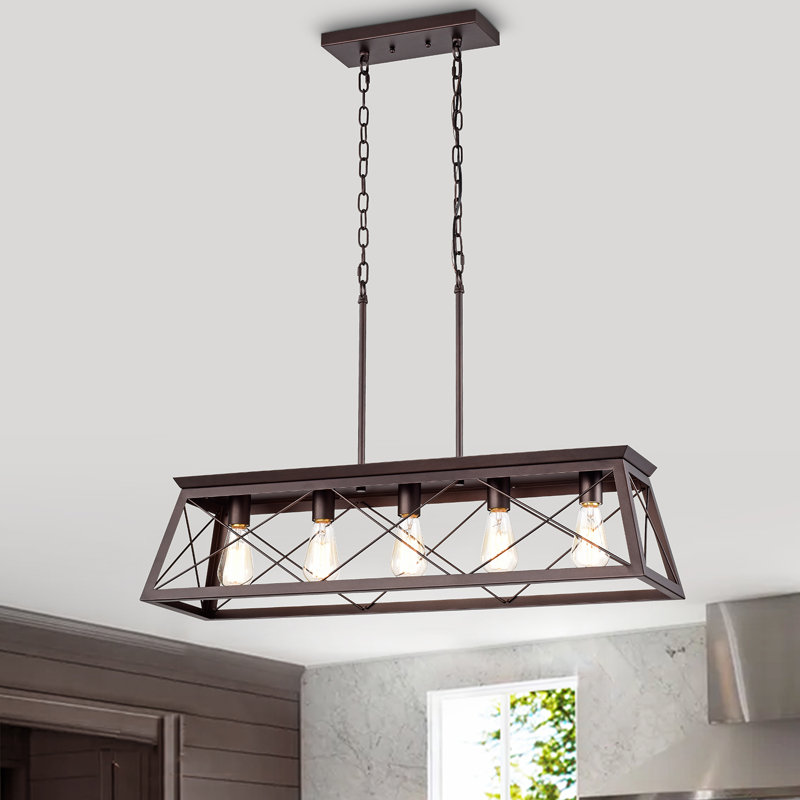 Luminaire suspendu linéaire à 5 lumières pour îlot de cuisine avec détails en bois Gandhi, Bronze huilé