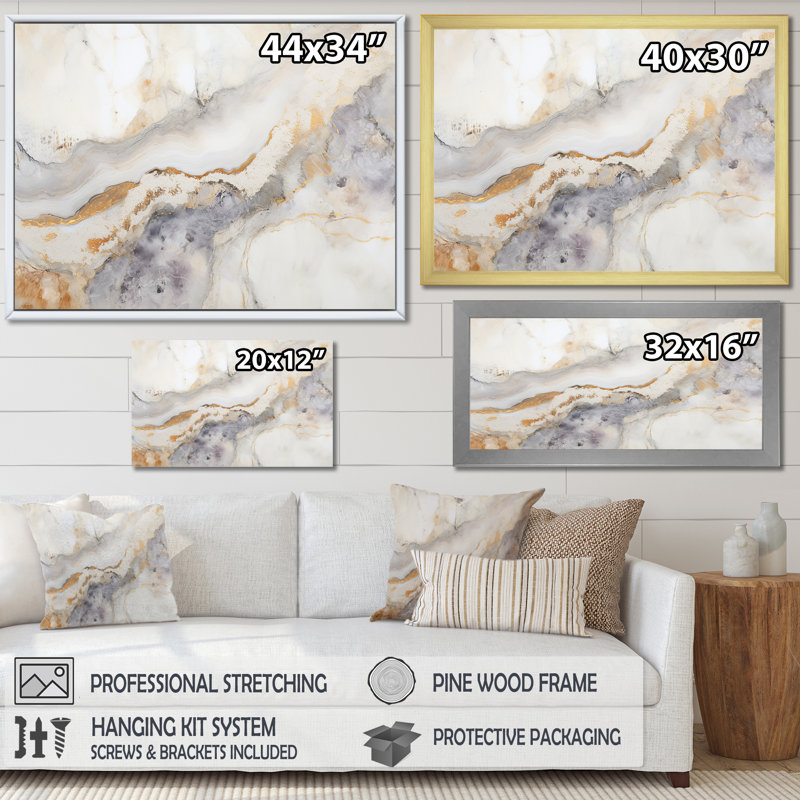 «Beige and Gold Stone Geode Scenery Minimalisme I», reproduction d'art sur toile, Cadre flottant doré