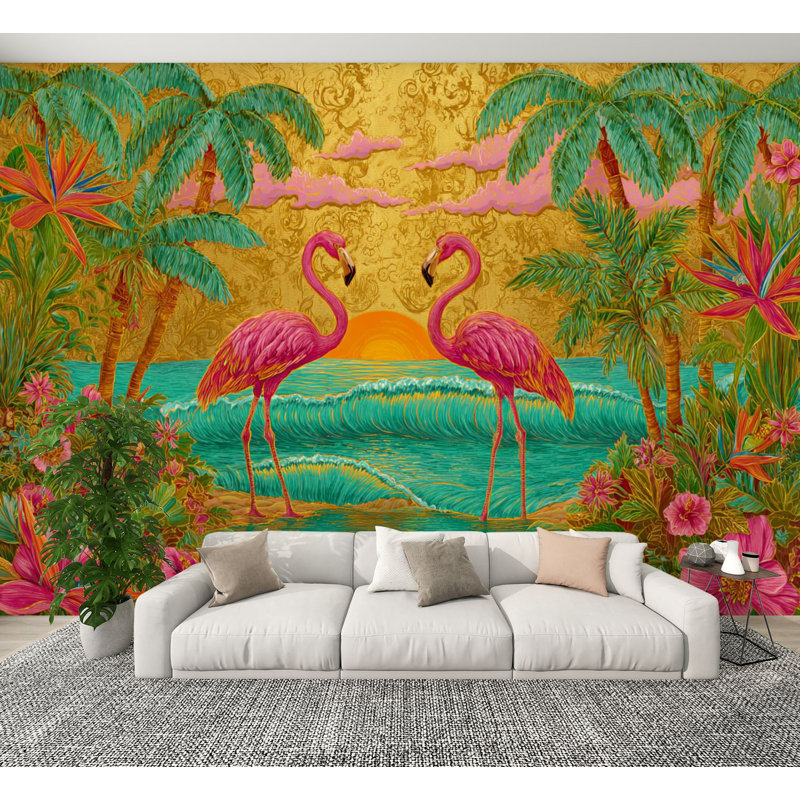 Papier peint adhésif Flamingo Serene Tropical Flamingo, L 144 po x l 100 po