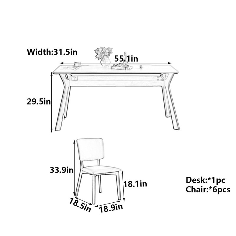 Table de salle à manger Mid-Century en bois massif et ardoise, H 29,5 po x l 55,1 po x P 31,5 po