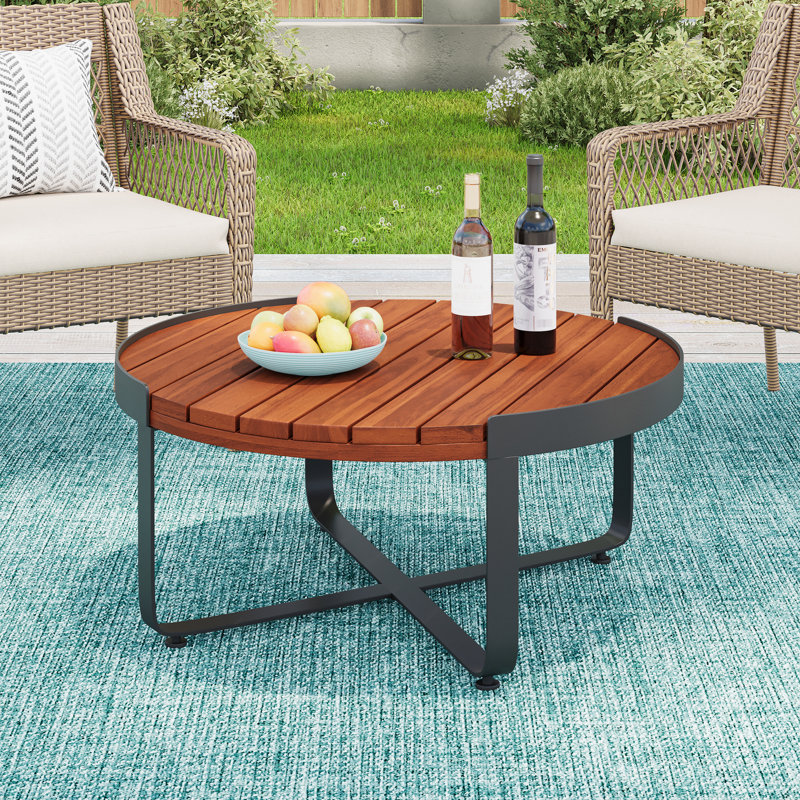 Table basse d'extérieur de style industriel moderne, bois, structure en métal, 14,38 po de hauteur, 31,86 dimensions, table décorative en bois avec couleur, large, pour assise