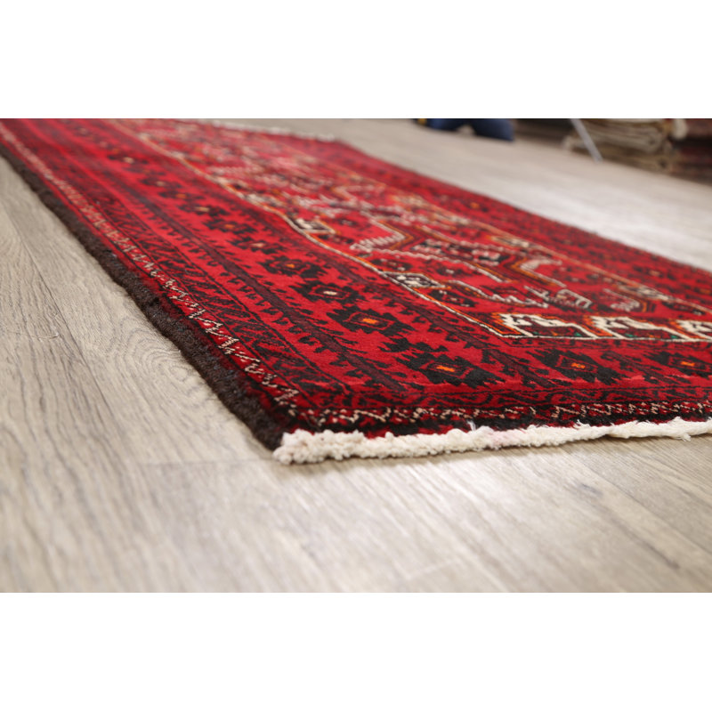 Tapis rouge en laine noué à la main de conception unique 3 pi 3 po x 6 pi 1 po Nayla