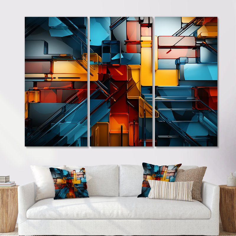 «Cubism Vivid Collage I» - ensemble d'art mural cubisme, H 28 po x l 36 po x P 1 po, Toile tendue