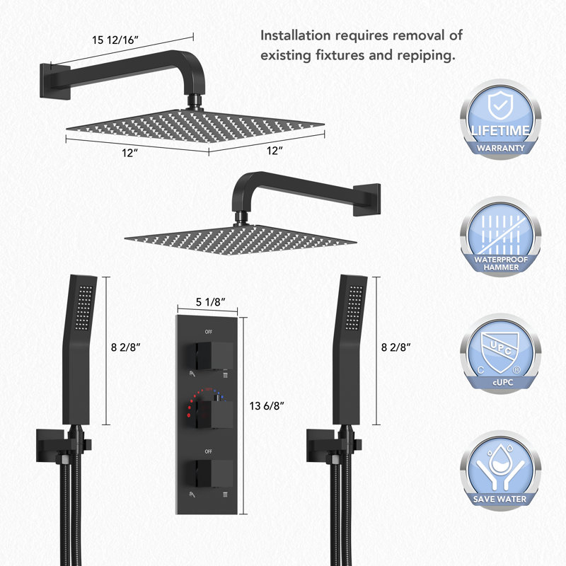 Thermostatic Rainfall Shower System, Wall-Mounted 12" High-Pressure Dual Showerheads with Handheld Spray, Matte Black