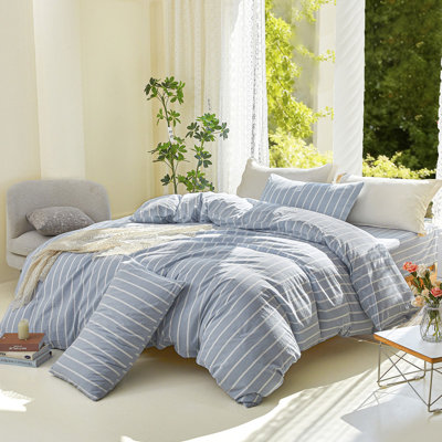 Ensemble de housse de couette à rayures 100% coton délavé très doux et respirant Lifeetown, ensemble de literie 3 pièces avec fermeture à glissière