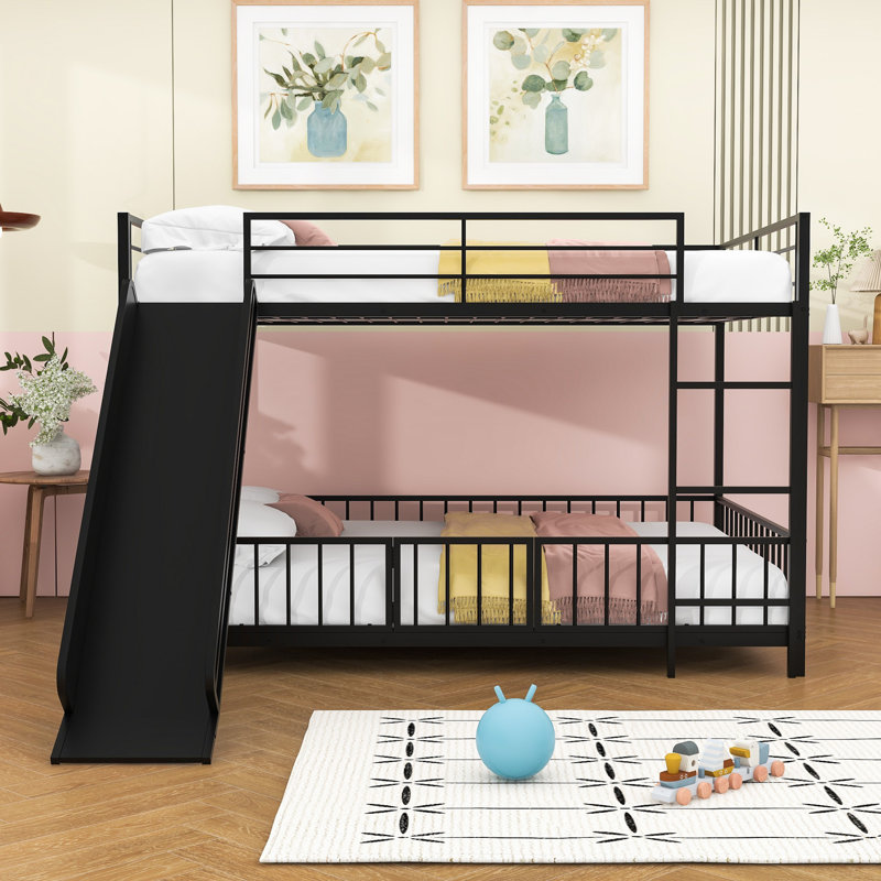 Full Over Full Metal Bunk Bed With Slide, Ladder And Safety Guardrails, Black