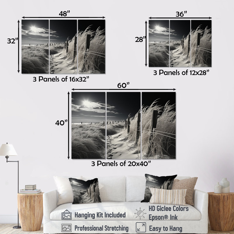 «Black and White Beach Grass Horizon» - Ensemble de décoration murale plage, H 40 po x l 60 po x P 1 po