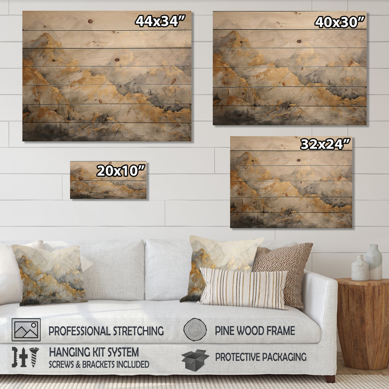«Bold Beige and Gold Mountain Glacier», art mural bois de forêt sur bois de pin naturel, H 30 po x l 40 po