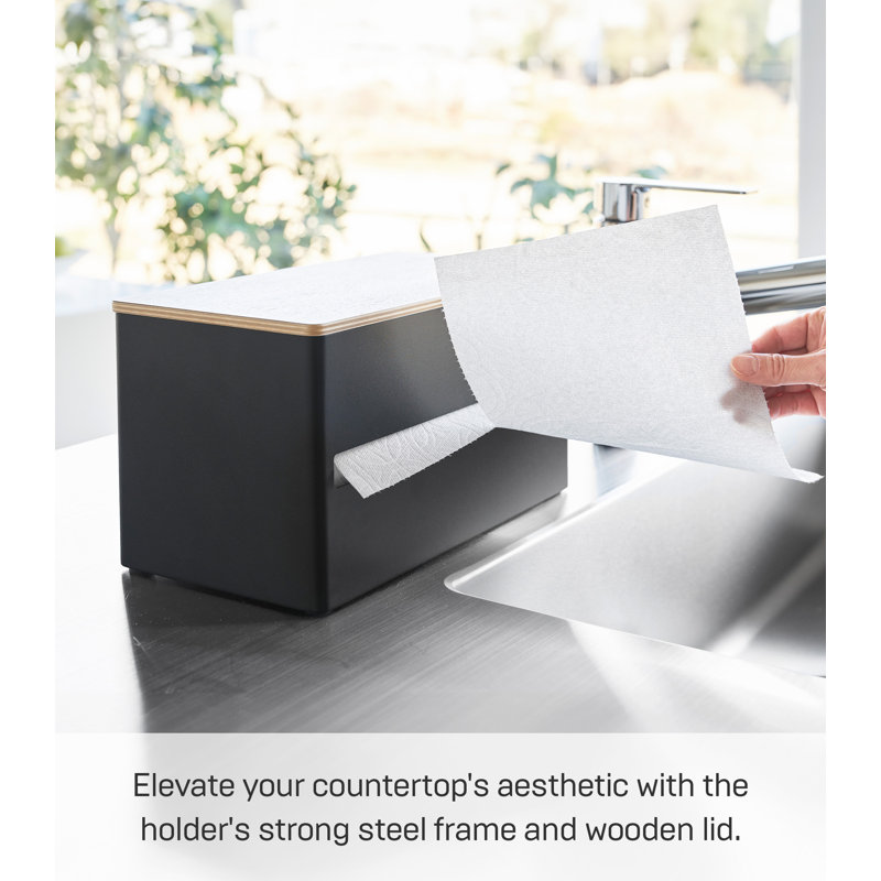 Porte-papier essuie-tout Yamazaki Home Rin L | Conception à déchirure à une main, rangement dissimulé, convient aux rouleaux jusqu'à 6 po - acier et bois
