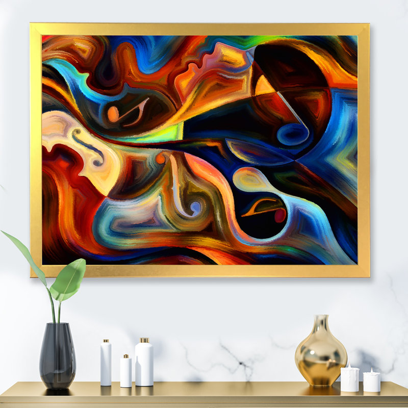 «Blue Orange and Yellow Dynamics on Black», reproduction sur toile, H 30 po x l 40 po, Cadre photo doré