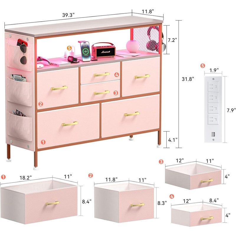Dresser For Bedroom TV Stand With Power Outlets And LED Light, 6 Drawers Dresser With Side Pockets & Hooks, Wide Dresser With Shelves For 45" TV, Fabric Chest Of Drawers With PU Finish
