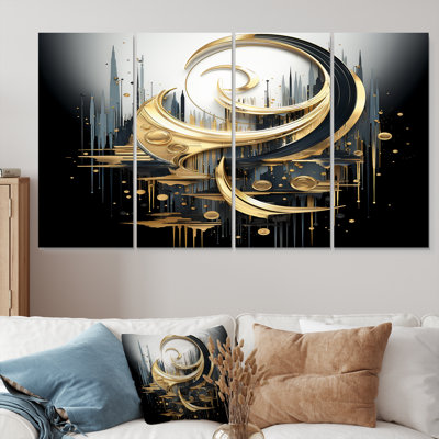 Golden Crescent Moon - Abstract Spirals, art mural pour le salon, 4 pièces